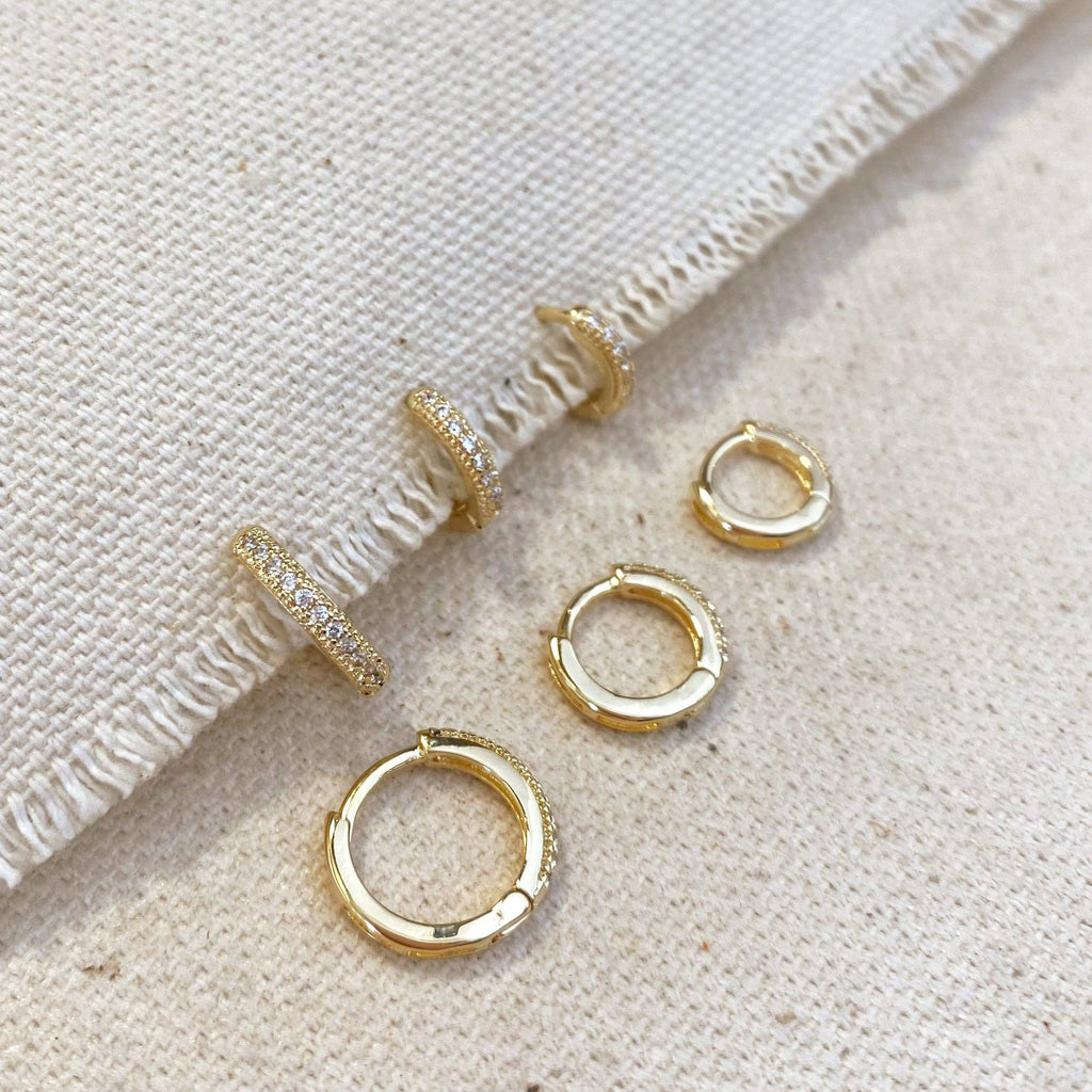 Gold filled pavé hoops in 13mm, 11mm and 9mm on linen