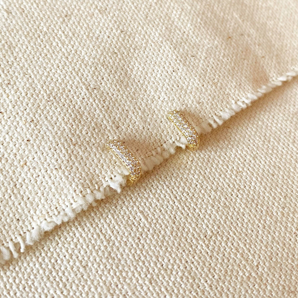 Gold filled rectangle hoops with cubic zirconia on a linen edge