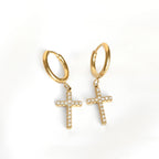 Stainless Steel Pavé Cross Hoop Earrings