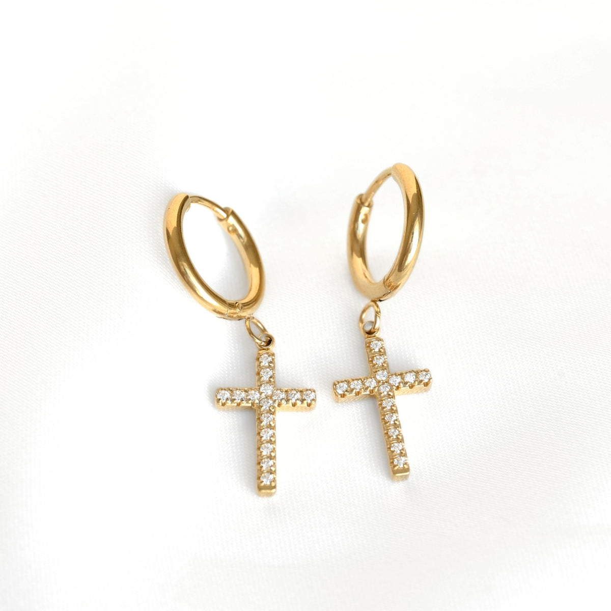 Stainless Steel Pavé Cross Hoop Earrings
