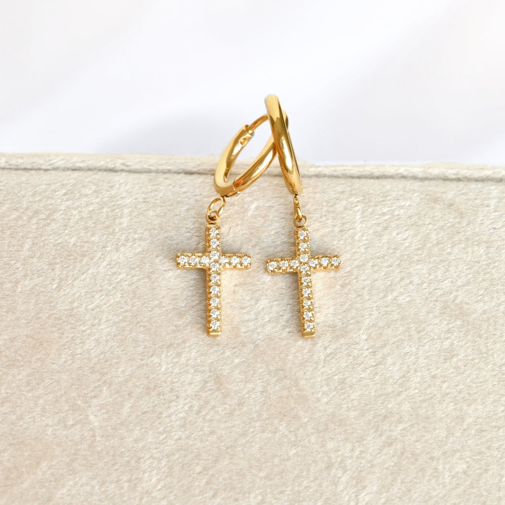 Stainless Steel Pavé Cross Hoop Earrings view 4