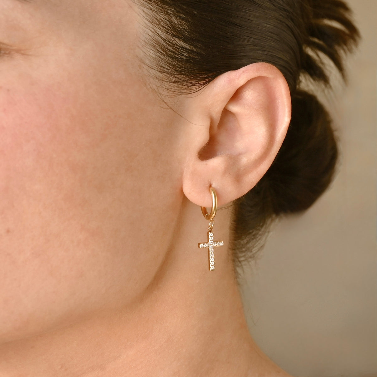 Stainless Steel Pavé Cross Hoop Earrings view 5