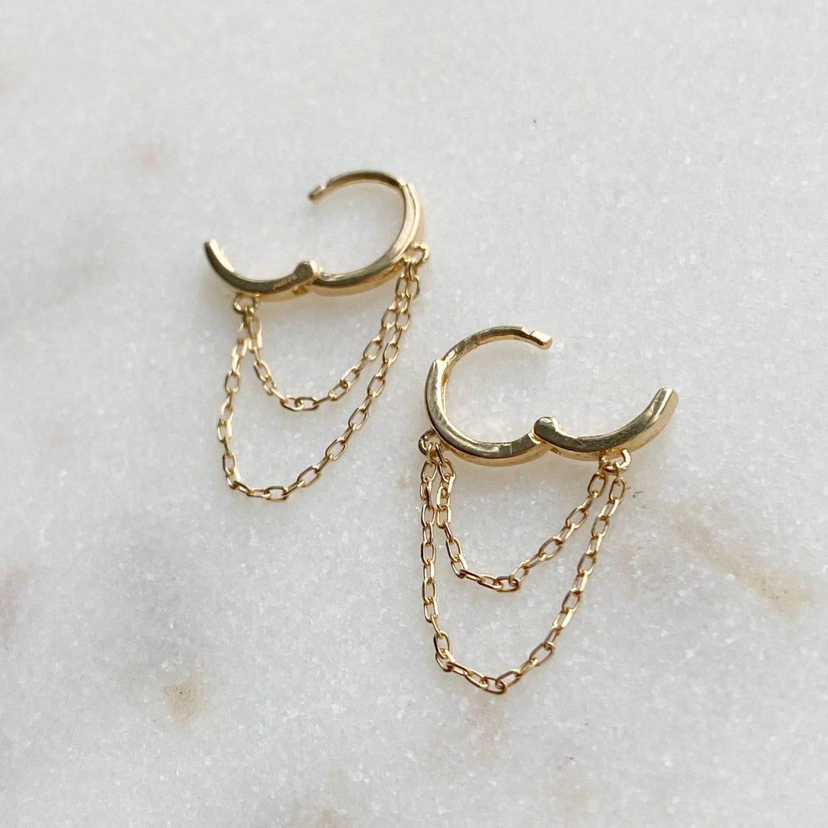 Solid Gold Drop Chain Huggies — 9ct gold drop chain earrings