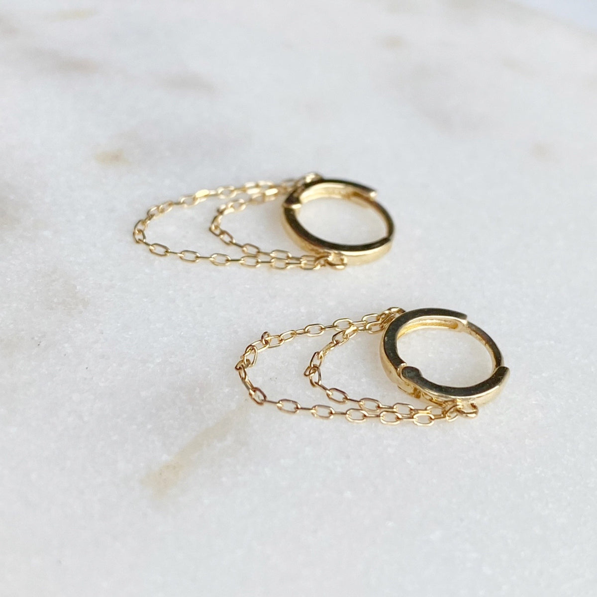 Solid Gold Drop Chain Huggies — 9ct gold drop chain earrings