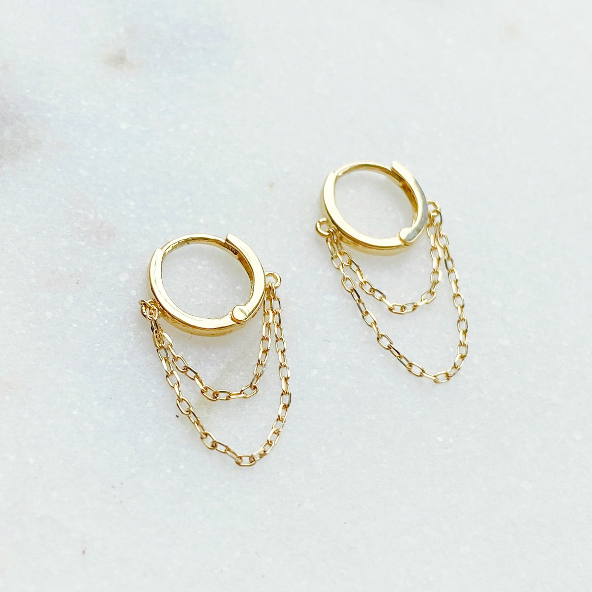 Solid Gold Drop Chain Huggies — 9ct gold drop chain earrings